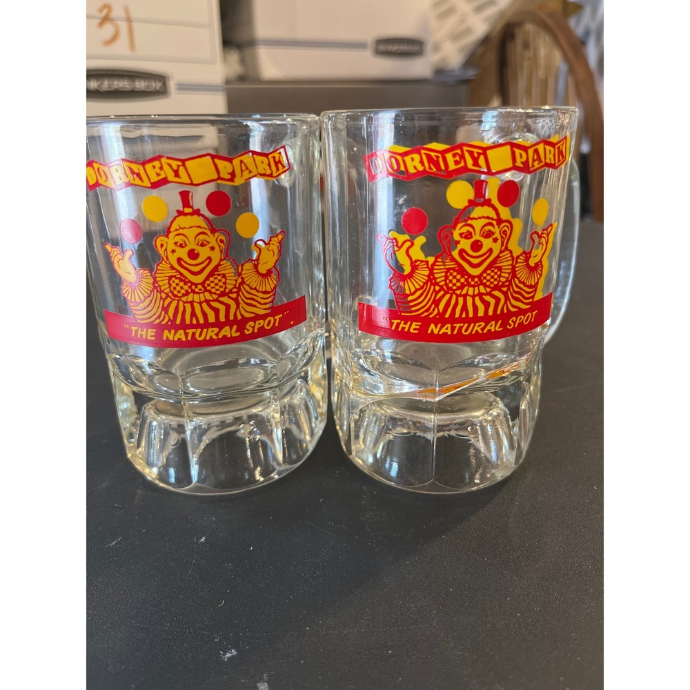 Vintage Dorney Park Alfie the Clown Glass Mug Set The Natural Spot Souvenir 2pc